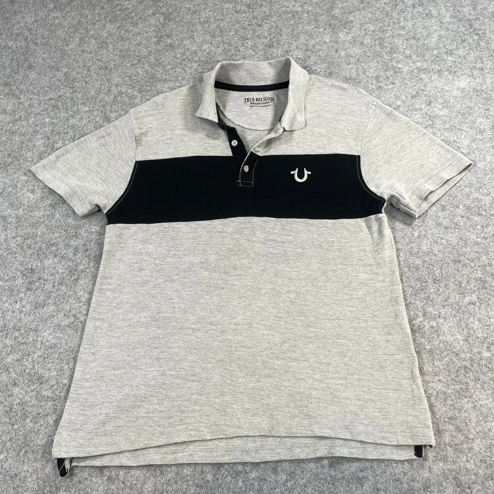 True Religion Brand Jeans Mens Polo Shirt M Gray Striped Short Sleeve Casual